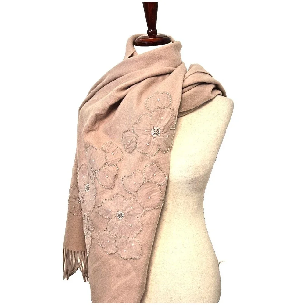New JOIE Scarf Wrap 100% Wool Blush Pink Beaded Floral Sequin Fringe Soft Winter